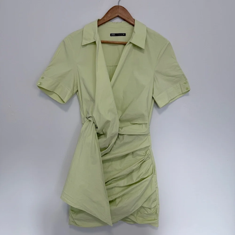 Zara Rushed Poplin Dress TRF in Apple Green - Picture 2 of 4